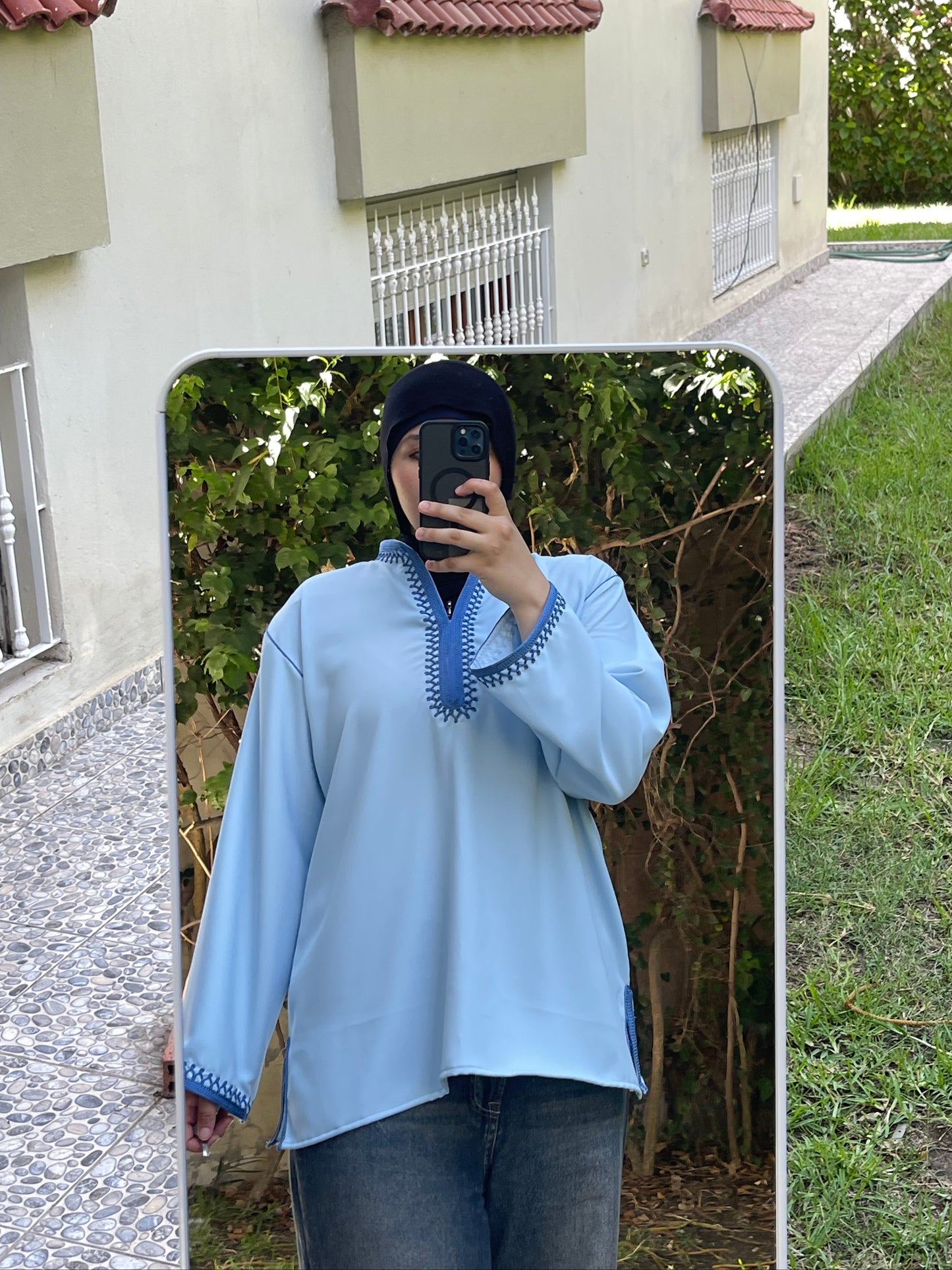 Power Blue Contrast Embroidered Top
