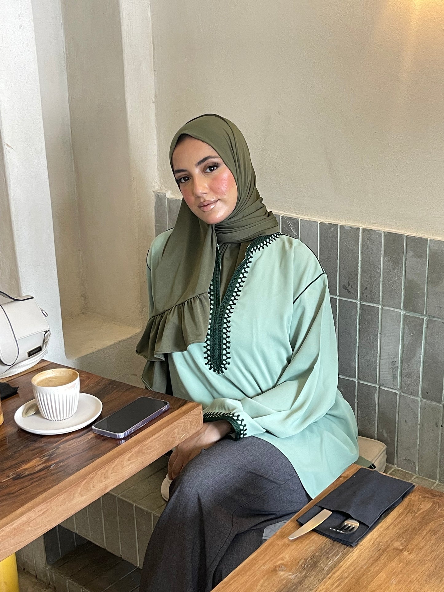 Sage Contrast Embroidered Top