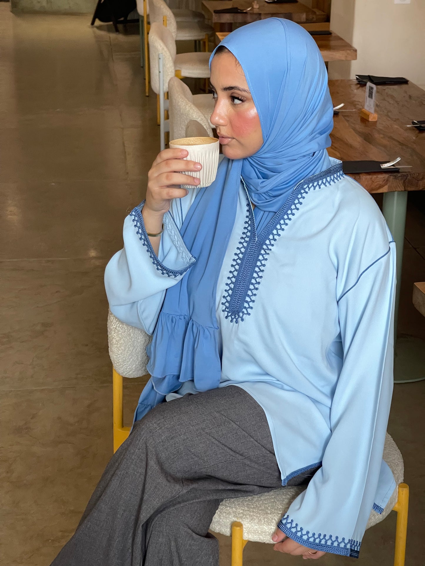 Power Blue Contrast Embroidered Top