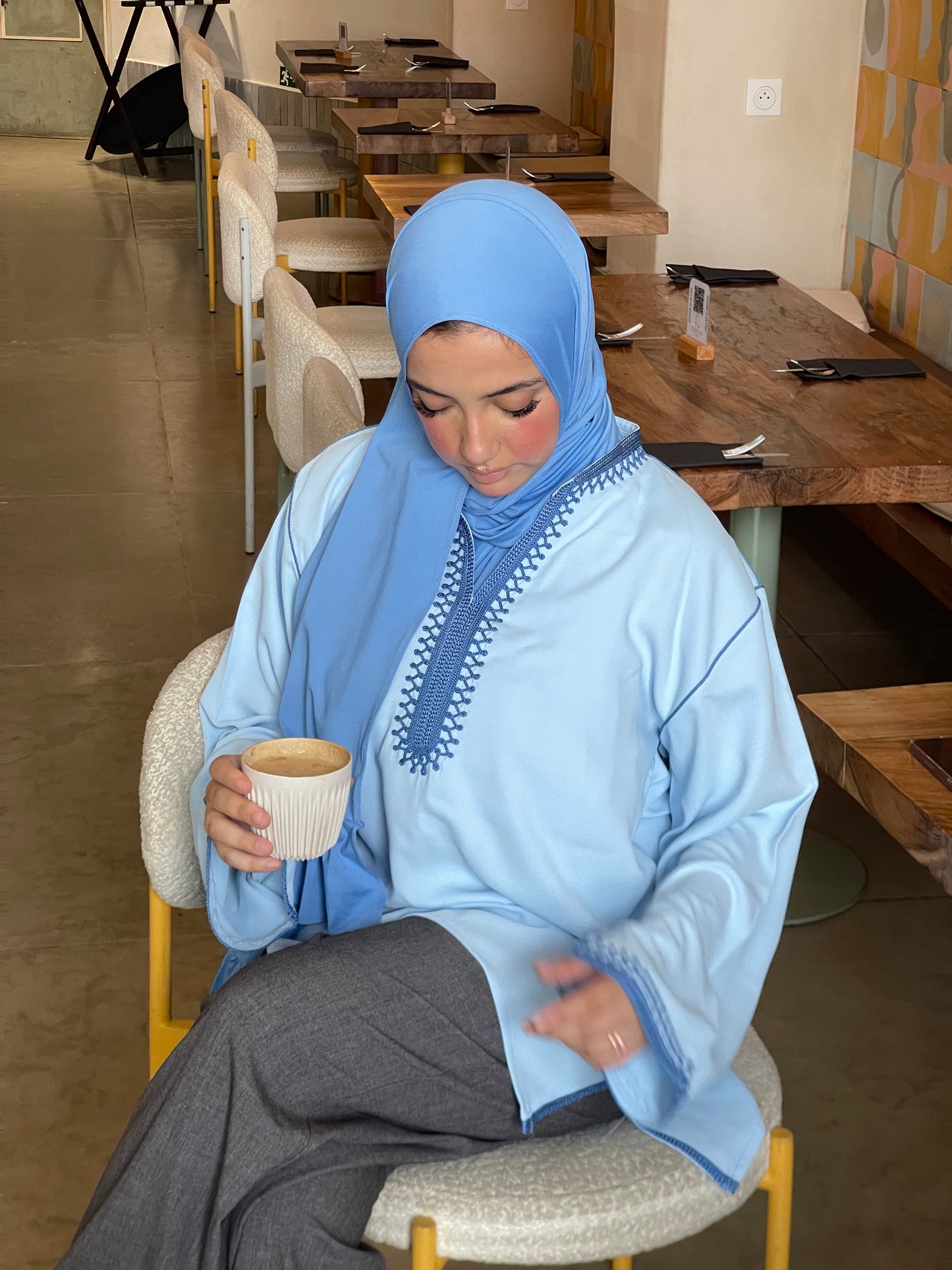 Power Blue Contrast Embroidered Top