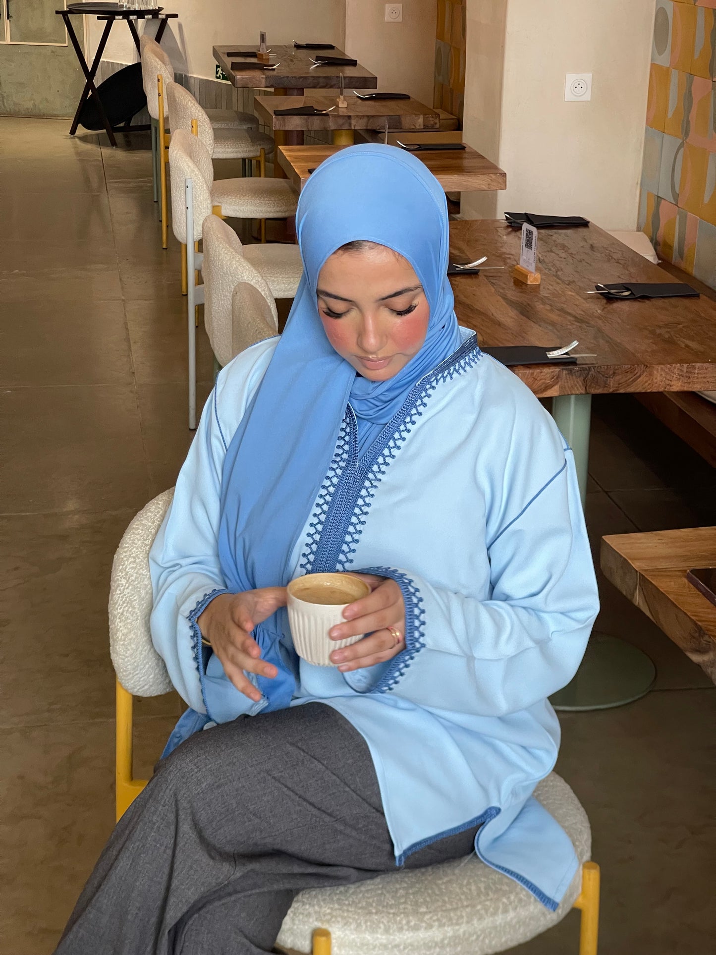 Power Blue Contrast Embroidered Top