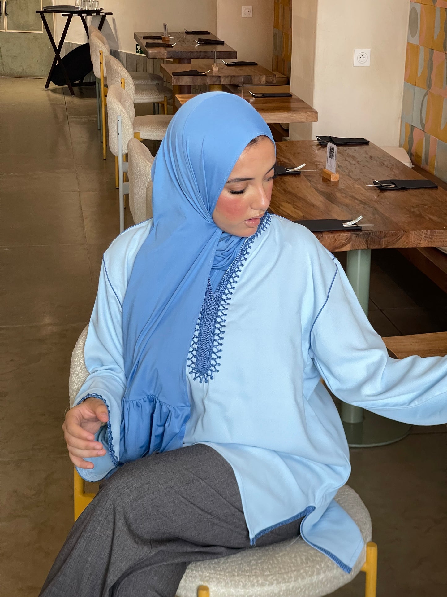 Power Blue Contrast Embroidered Top