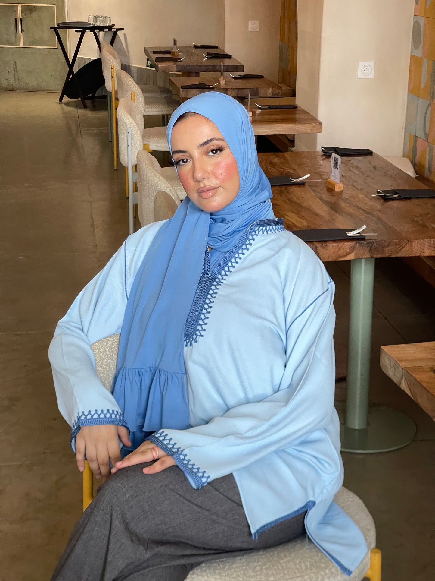 Power Blue Contrast Embroidered Top